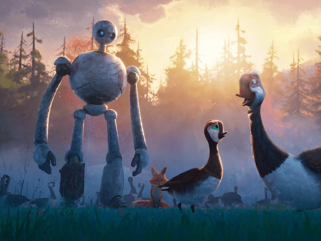 Robot exploring a wilderness in Wild Robot—a family-friendly animated film.