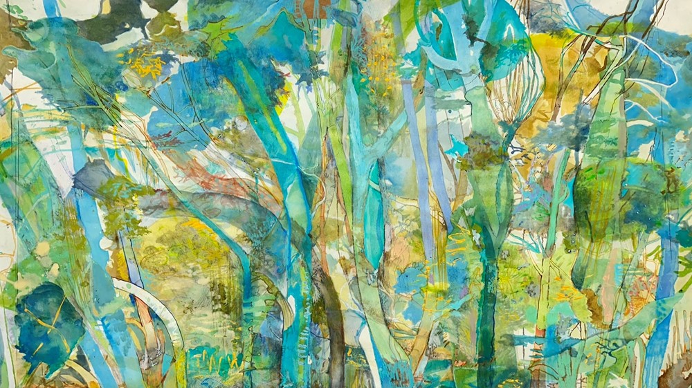 Bright green, blue and white abstract watercolour artwork by Anthony Muia titled 'Wishing Tree'