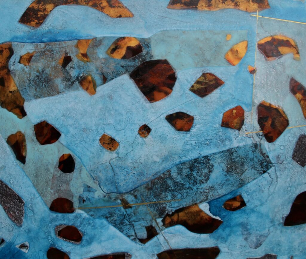 Blue and brown contemporary mixed media artwork by Bec Juniper titled 'Variation on a rugged field'