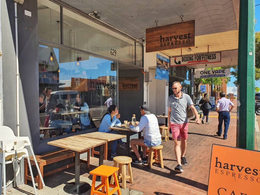 Exterior of Harvest Espresso, a cozy cafe spot for brunch before heading to the game