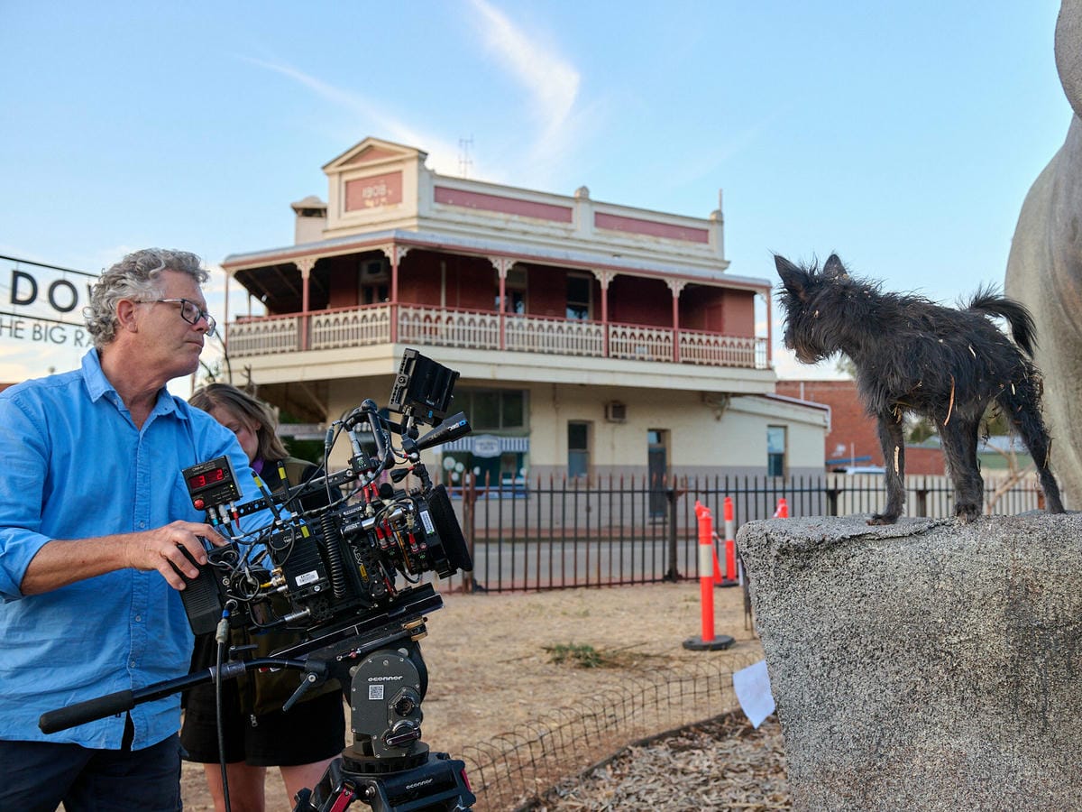 Cast and crew filming Runt in York, WA, with historic buildings in the background.