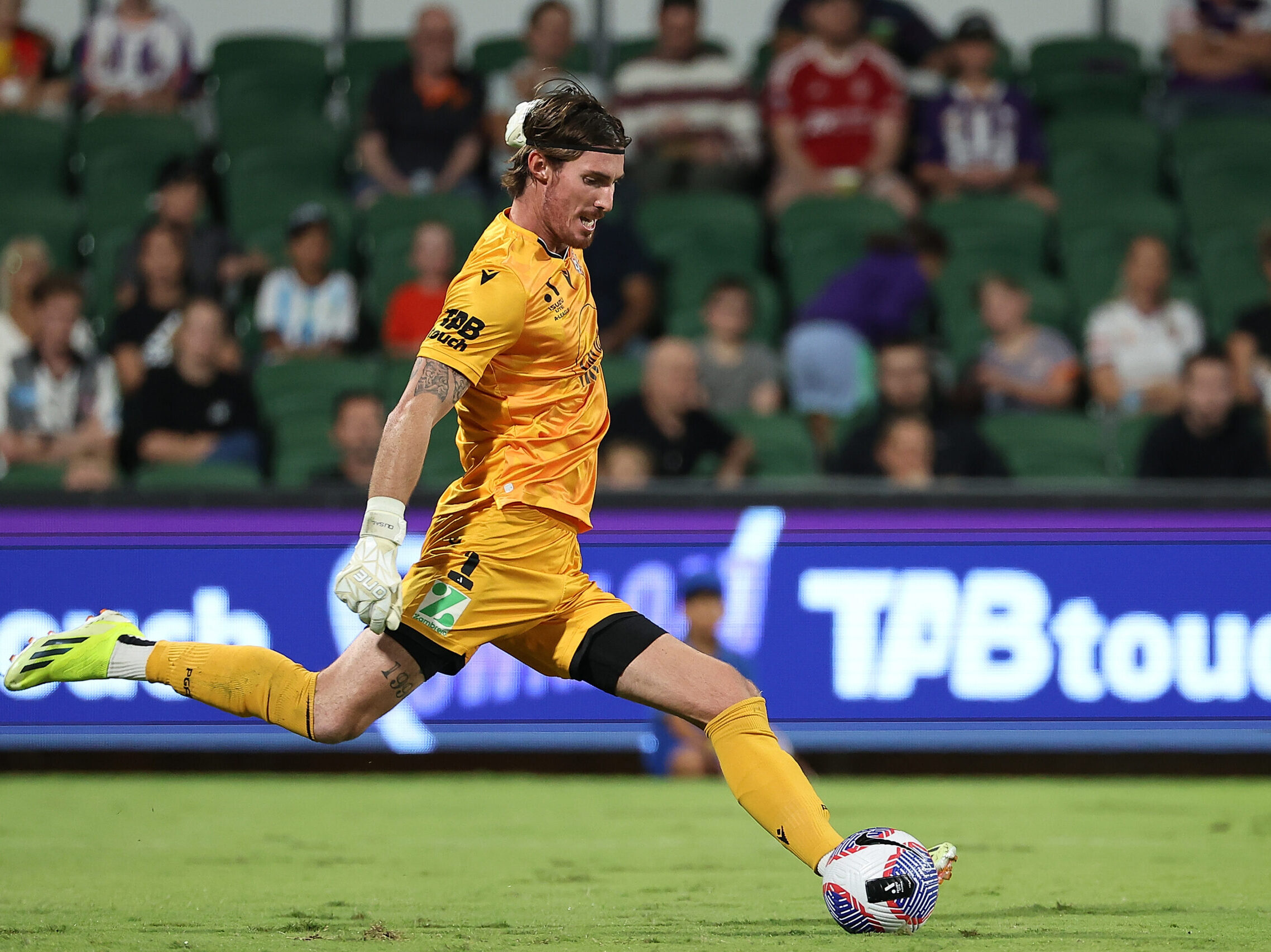 PERTH, AUSTRALIA - APRIL 03: Oliver Sail of the Glory takes a goal kick during the A-League Men round 12 match between Perth Glory and Sydney FC at HBF Park, on April 03, 2024, in Perth, Australia